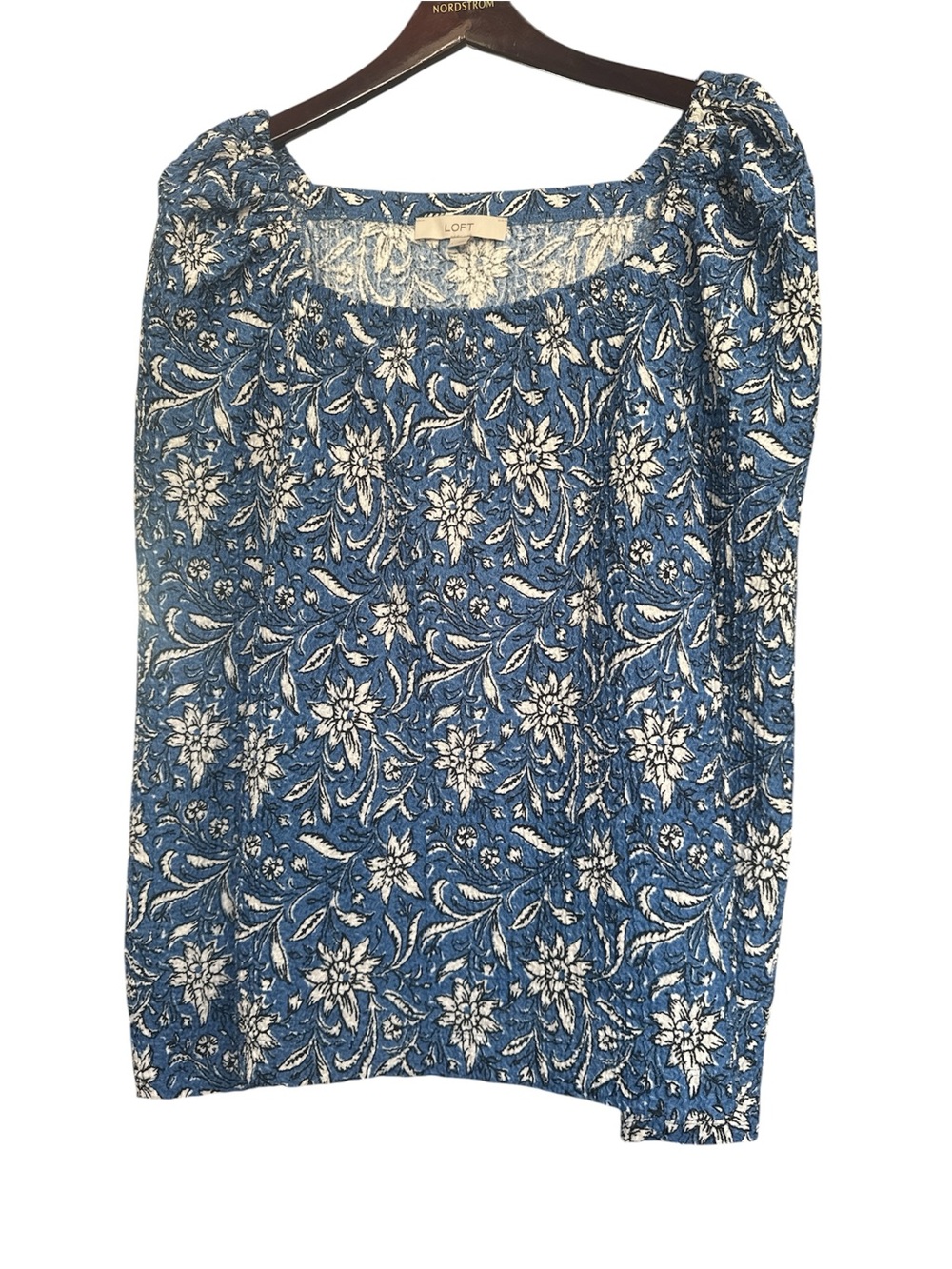 LOFT Blue and White Floral Square-Neck Blouse